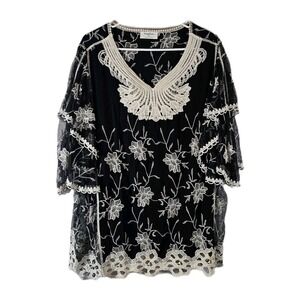 Sapphire Black & White Floral Lace Ruffly Layered Boho Feminine Blouse -Plus 2X